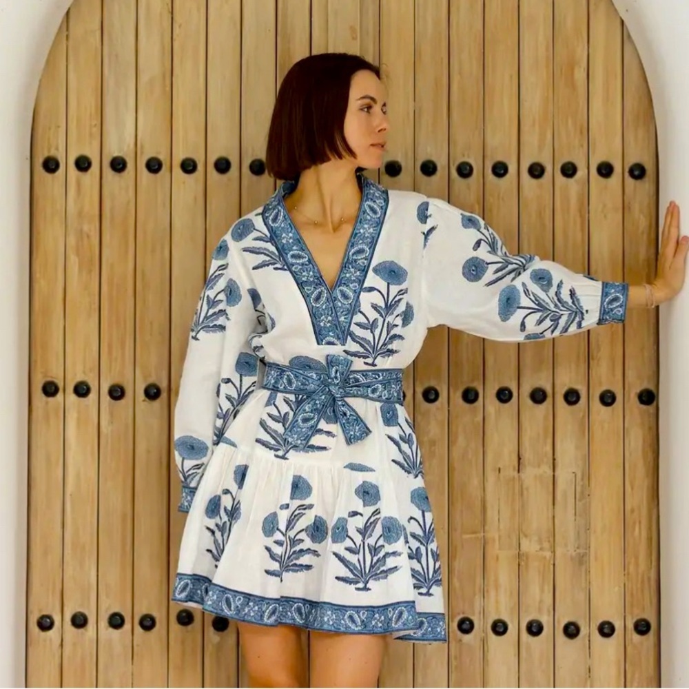 European linen Hand Printed Mykonos Mini blue & white embroidered floral dress